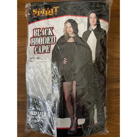 Spirit Halloween Adult Black Hooded Cape Costume One Size Fits Most Cloak‎ NIB - Picture 4 of 12